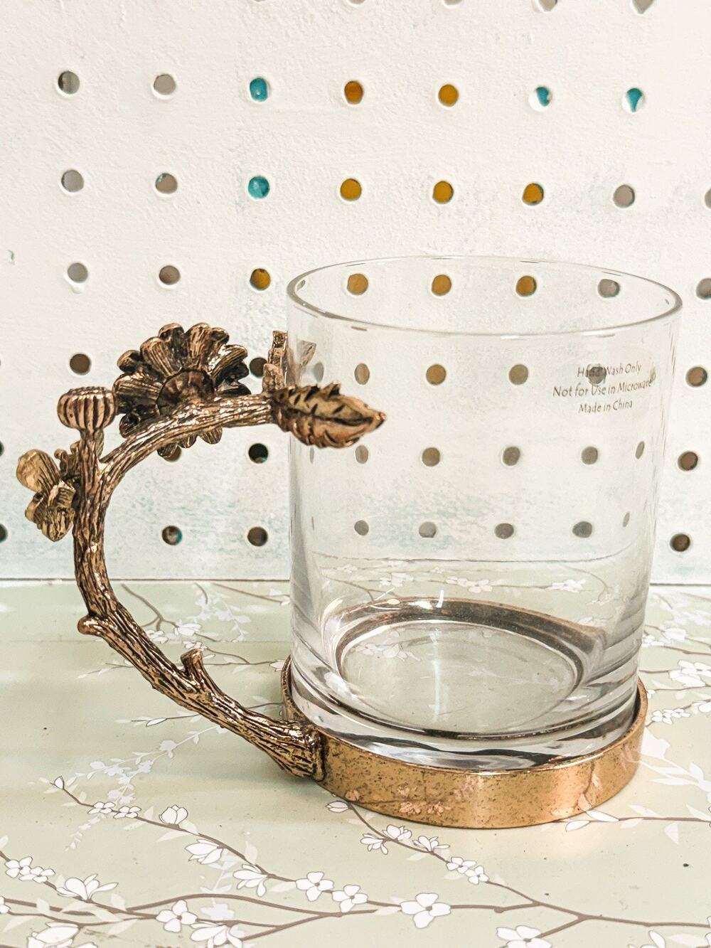 Qualia Glass Antique Like Cup Mug Bumblebee Sunflower Rhinestone Branch Handle